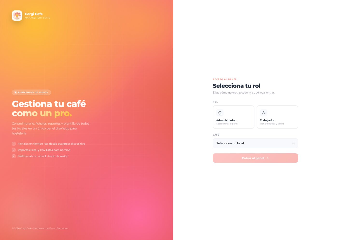 CorgiCafe admin dashboard &mdash; multi-location time tracking