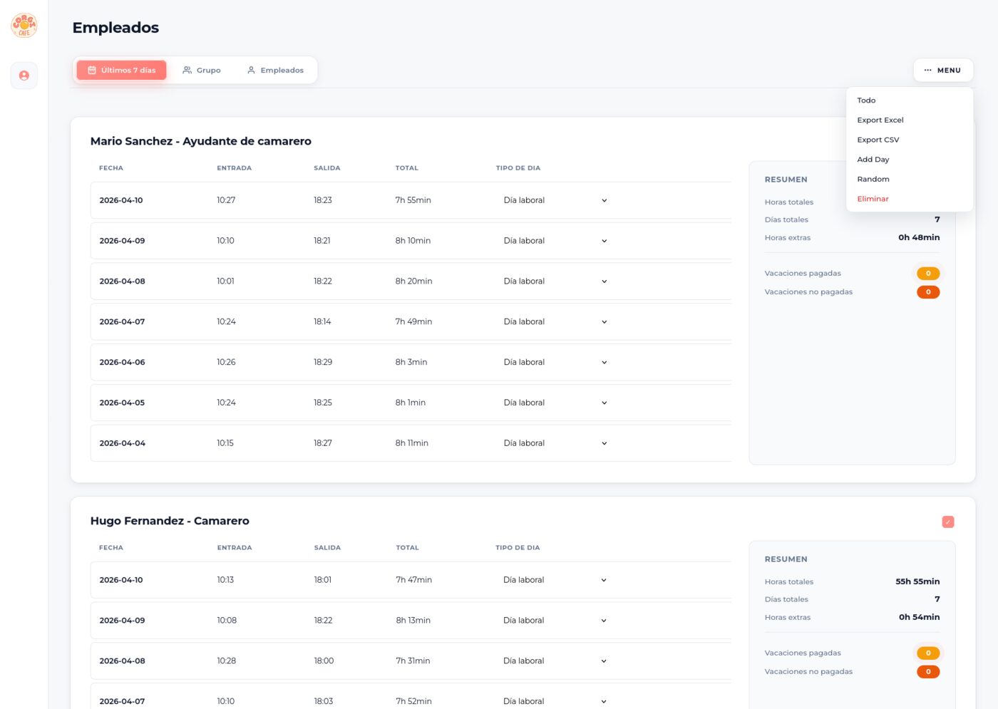 CorgiCafe worker schedule view