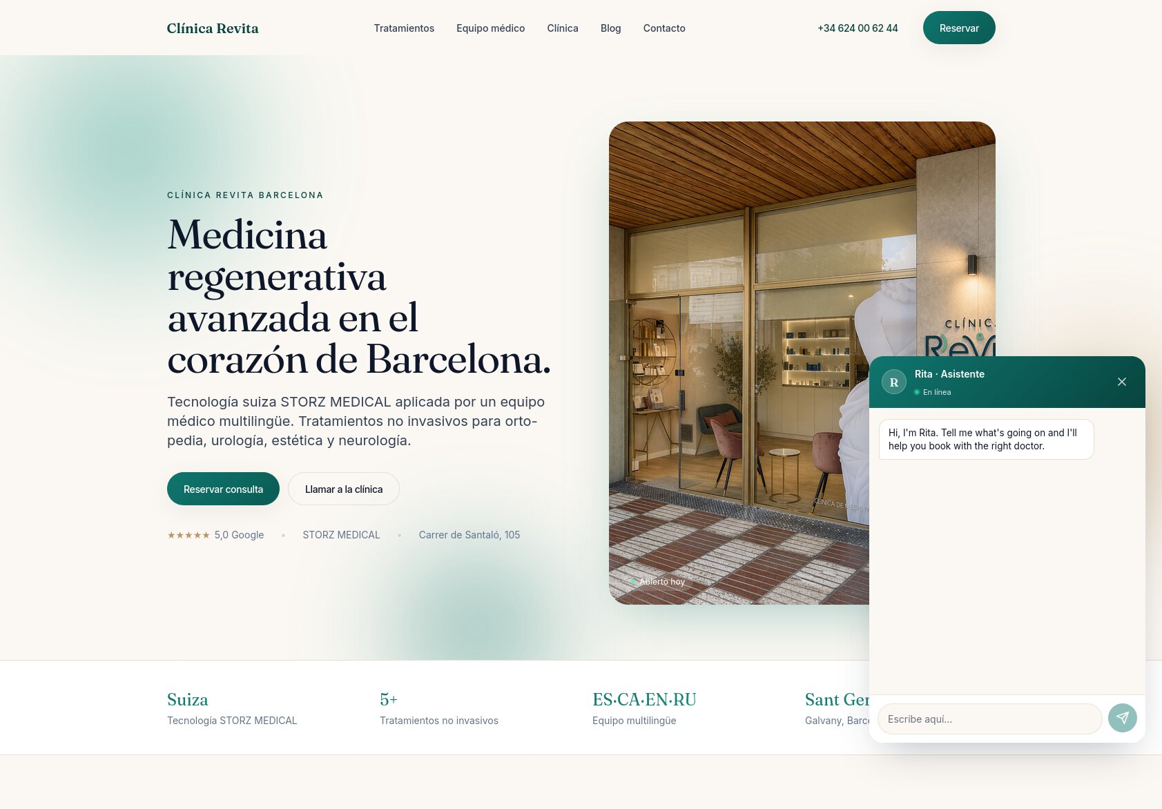 Cl&iacute;nica Revita homepage &mdash; hero with booking CTA